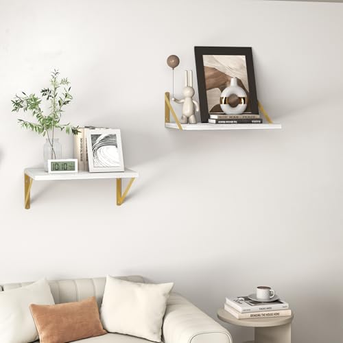 16W x 12D Deep Floating Shelves Set of 2 White & Gold (White With Golden Bracket / 16wx12dx5.8h)
