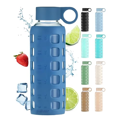 40oz / 32oz / 22oz / 12oz Borosilicate Glass Water Bottle with Time & Volume Markers, Silicone Sleeve, Stainless Steel Lid | Reusable Glass Bottle for Water & Juice (12oz Chinese Porcelain) (Chinese Porcelain (1 Count) / 12 Ounces)