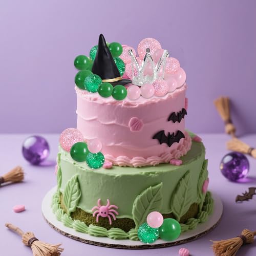 42 pcs Foam Ball Cake Toppers with Witch Hat and Crown Decorations Cake Decorations for Witch Theme Party Decor Pink and Green Decorations Supplies (42 Count)