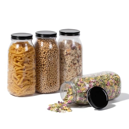 64 oz Large Plastic Mason Jars with Airtight Lids Wide Mouth (2 Pack Black)