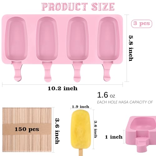 3 Pack Large Silicone Popsicle Molds with 150 Pcs Wooden Sticks (3 Pcs Large - Pink)
