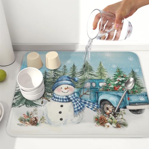 Winter Snowman Blue Dish Drying Mat Xmas Truck Dishes Pad 16"x18" Microfiber Absorbent Drainer Rack Mats Protector for Kitchen Counter Sink (Blue Snowman Truck / 16x18 inch)