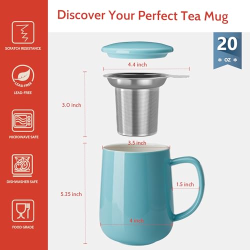 20 OZ Porcelain Tea Mug with Infuser and Lid (Sea Blue)