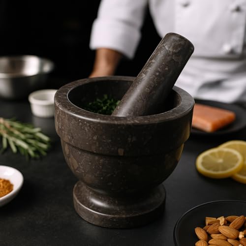 Natural Charcoal Marble Mortar & Pestle (Dark Gray / 5.9" Diam. x 5.75" H)