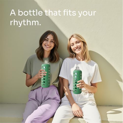 40oz / 32oz / 22oz / 12oz Borosilicate Glass Water Bottle with Time & Volume Markers, Silicone Sleeve, Stainless Steel Lid | Reusable Glass Bottle for Water & Juice (40oz Shale Green) (Shale Green (1 Count) / 40 Ounces)