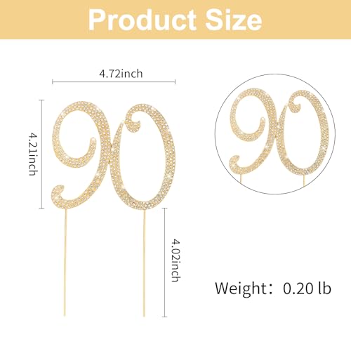 Gold 90th Birthday Cake Topper Rhinestones Cake Decorations for 90th Birthday Party (90th- Gold)