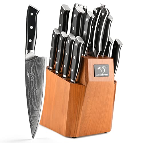 18PCS Damascus Japanese Kitchen Knife Set with Block (Black/Nature / 18 Pieces)