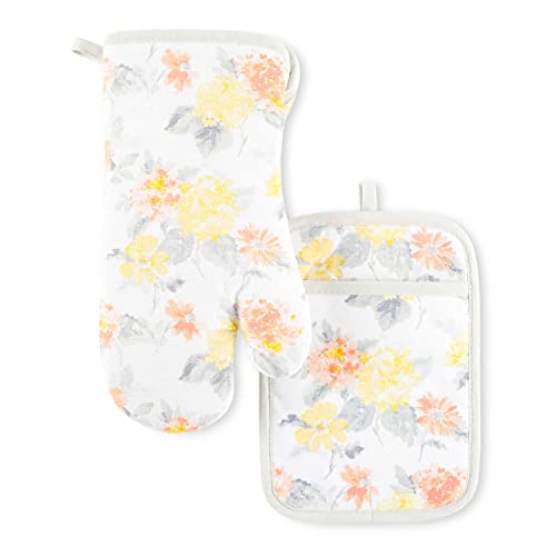 Amber Floral Oven Mitt & Pot Holder Set 2 (Yellow/Coral)