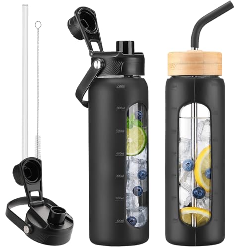 24 oz Glass Water Bottle with Straw and 2 Lids (Black / 24 Ounces)