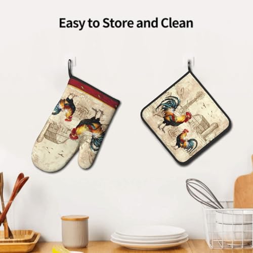 Farm Rooster Oven Mitts and Pot Holder Set of 2 Rustic Chicken Kitchen Potholders Heat Resistant Oven Glove for Baking Cooking Grilling BBQ (Farm Rooster)