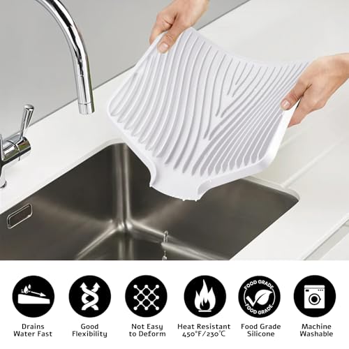 Silicone Dish Drying Mat for Kitchen Counter (White-2pcs / 16" x 12")