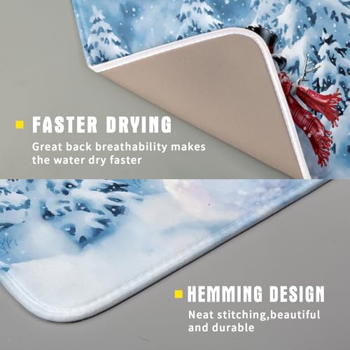 Blue Snowman Dish Drying Mat Winter Pine Tree Drainer Rack Mats 16x18 Inch Absorbent Fast Dry Dish Pad Protector Kitchen Counter Accessories (Winter Blue Snowman / 16" x 18")