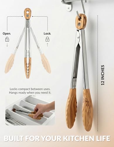 Olive Wood Tongs for Cooking (12 Inch)