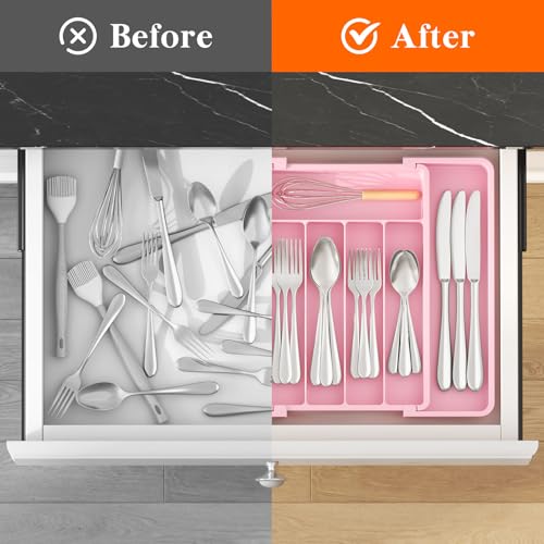 Expandable Silverware Drawer Organizer (Pink / Medium Wide(8.5-14''W x 12''D))