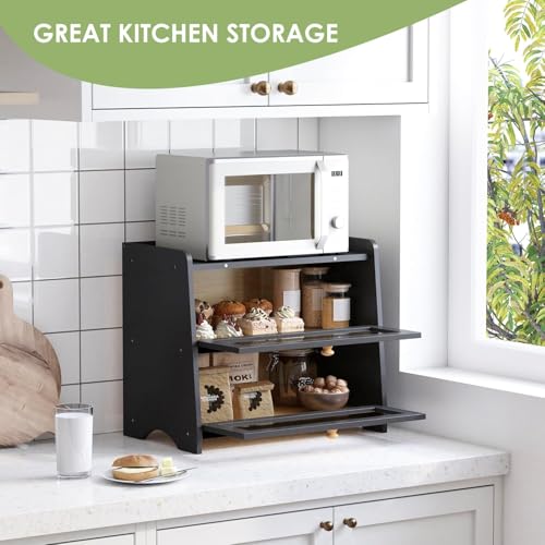 Double Layer Bread Box Container for Kitchen Countertop Homemade Bread (Black / 2 Tier-Large)
