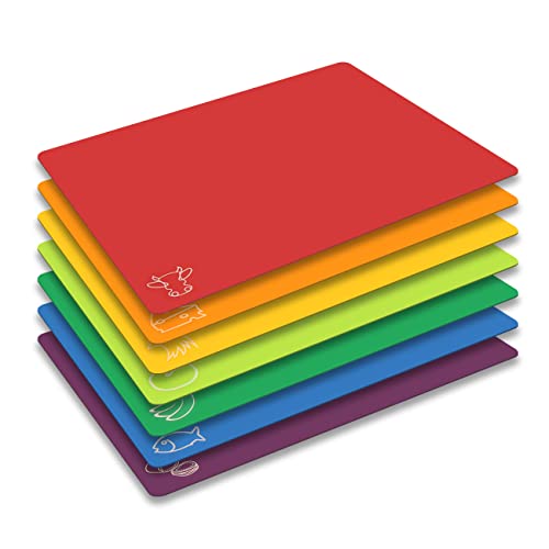 Cutting Board Mats Flexible Plastic Colored Mats with Food Icons (Rainbow - 7 Pieces)