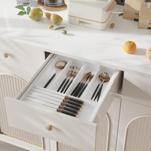Silverware Drawer Organizer Bamboo Knife Organizer Drawer Insert Expandable Utensil Holder for Kitchen Drawer Flatware Holder W12.8 (White)