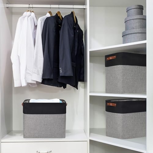 Large Fabric Storage Baskets (Gray / Black / Extra Large -17"x12"x15")