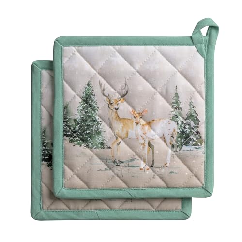 Pot Holders 100% Cotton Potholders (049 - Deer in the Woods / 8" x 8" (Pot Holder Pack of 2))