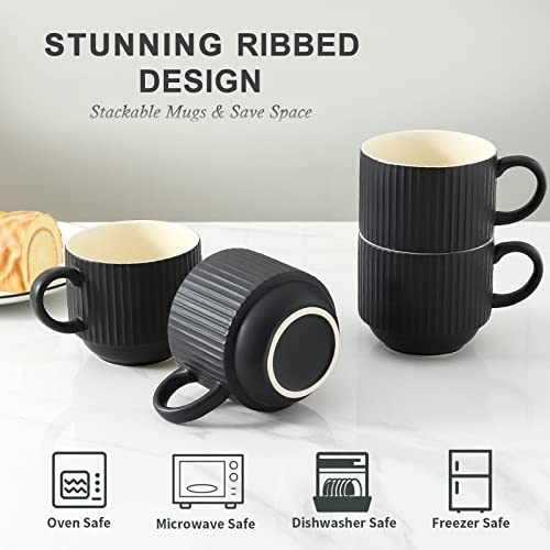Coffee Mug Ceramic Set of 4 with Stand (Matte Black / 15 Ounces)