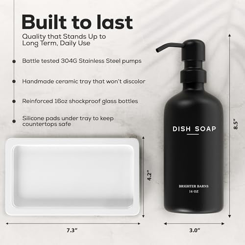 Luxury Glass Hand and Dish Soap Dispenser Set by Brighter Barns (Black/White Hd)