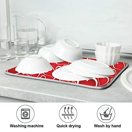 Valentines Day Red Hearts Dish Drying Mat for Kitchen Counter Absorbent Microfiber Large Drying Pad Dish mats for Kitchen Countertops 18 x 24 Inch (Red Hearts / 18" x 24")