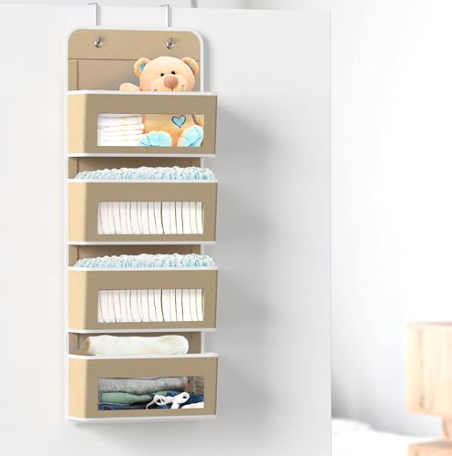 4 Clear Window Pocket Over Door Hanging Organizer (4 Pockets / Beige)