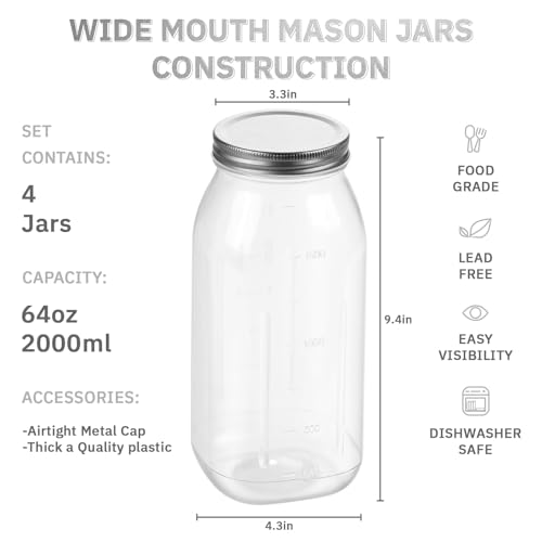 64 oz Large Plastic Mason Jars with Airtight Lids Wide Mouth (3 Pack Silver)