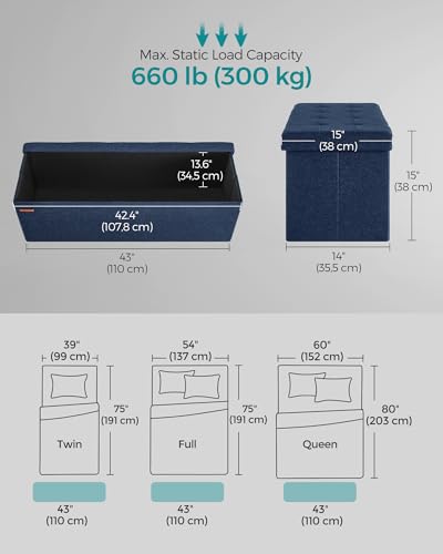43.3 Inches Storage Ottoman (Midnight Blue / 15"D x 43"W x 15"H (with Flipping Lid))