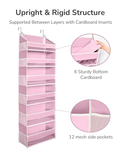 Over The Door Organizer with 6 Large Pockets 12 Side Pockets (Pink / 1 Pack)