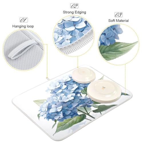 Blue Hydrangeas Flower Dish Drying Mat for Kitchen Counter Absorbent Microfiber Drying Pad (18" x 18")
