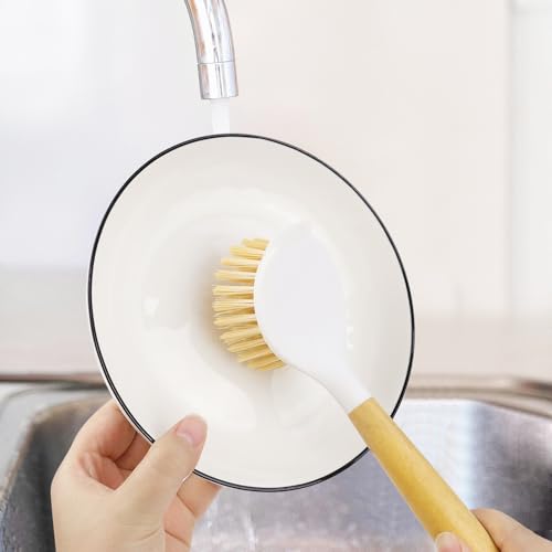 2 Pack Kitchen Scrub Brushes for Cleaning Dish Brush with Handle for Pans (Wooden Handle)