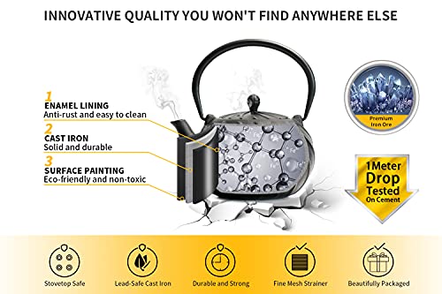 Tea Kettle TOPTIER Japanese Cast Iron Teapot with Infuser (0.9 Quarts / Midnight Black)