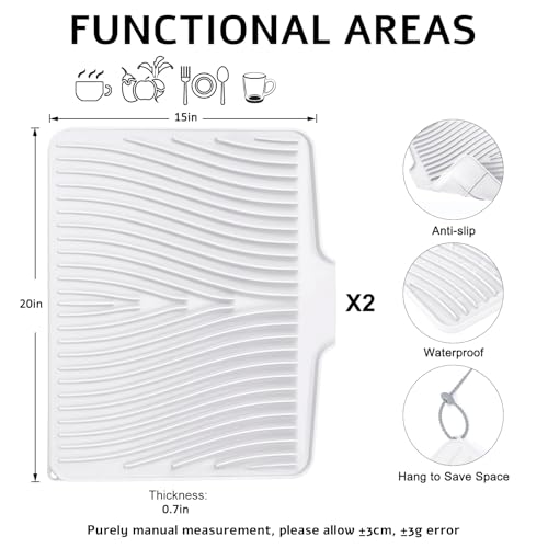 Silicone Dish Drying Mat for Kitchen Counter (White-2pcs / 20" x 15")