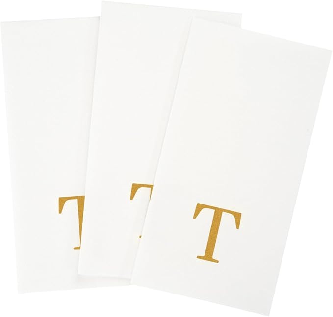 Luxenap 15.8 X 7.9 Inch Linen-Feel Guest Towels, 2000 Lettered Hand Towels - Gold Letter 'T', Sans Serif Font, White Paper Dinner Napkins, airlaid, For Restrooms And Tables