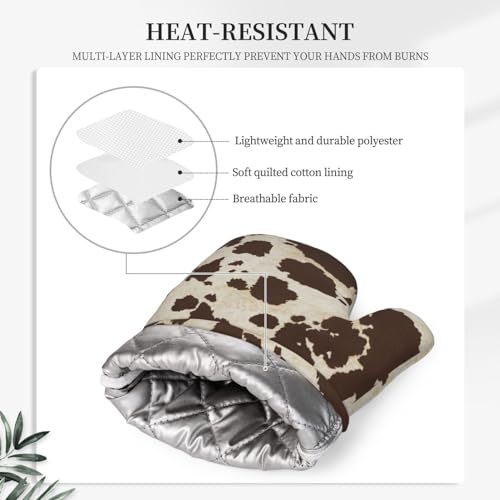 Brown Cowhide Oven Mitts and Pot Holders Sets Silicone Brown Cow Print Kitchen Mitts Cowhide Skin Pattern Potholders Heat Resistant 4Pcs Oven Gloves Hot Pads for Kitchen Baking Cooking (Brown Cow Print)