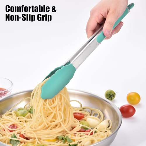 Kitchen Tongs with Silicone Tips for Cooking Serving (Set of 2 (9+12in) / Aqua Sky)