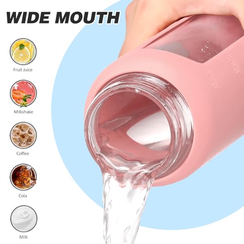 24oz Glass Water Bottle with Straw and 2 Lids (Pink / 24 Ounces)