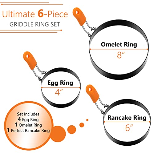 6 Pcs Egg Rings Griddle Pancake Molds (Round Style / 4 inches, 6 inches, 8 inches)
