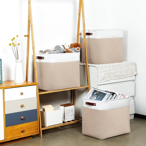 Large Storage Baskets for Organizing (White&Khaki / XXL-17"x12"x15")
