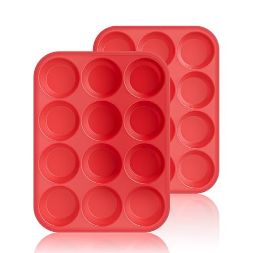 2Pack Silicone Muffin Pans with Metal Reinforced Frame (2Pack Red)