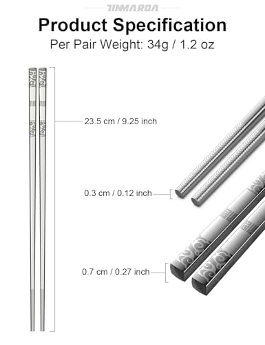 Metal Chopsticks Reusable Stainless Steel Chopsticks Dishwasher Safe Square Lightweight Non (Fu Silver 5 Pairs)