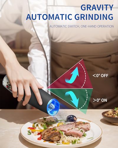 Gravity Electric Salt and Pepper Grinder Set Automatic Salt and Pepper Grinder Set with LED Light (Battery / Black Set)