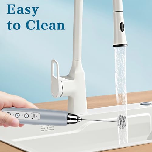 Milk Frother Wand Rechargeable Handheld Whisk Coffee 3 Speed Adjustable (Frother with stand / Cement Gray)