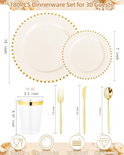 180Pcs Elegant Ivory Gold Plastic Dinnerware Set for Wedding (Ivory and Gold Plastic Dinnerware Set / 180PCS)