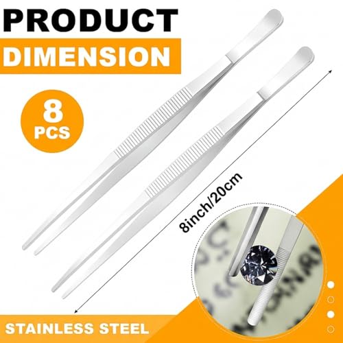 8 Packs 8 Inch Cooking Tweezers Bar Kitchen Tongs (8 Inch / Silver)