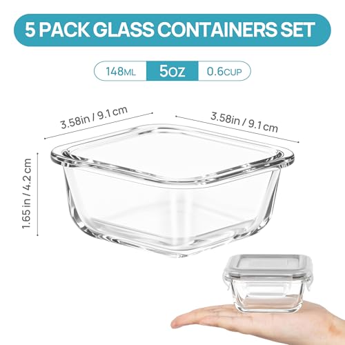 5Pack 5oz Small Glass Storage Containers Set With Lids (Grey / 5oz)