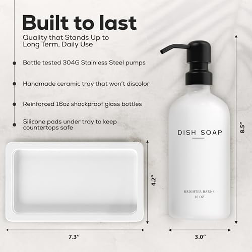 White Glass Hand and Dish Soap Dispenser Set by Brighter Barns (White Hd)