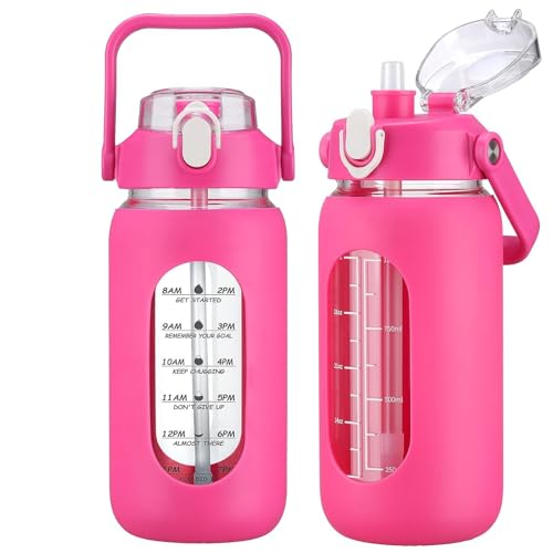 42oz Glass Water Bottles with Straw (Rose red / 42 Ounces)