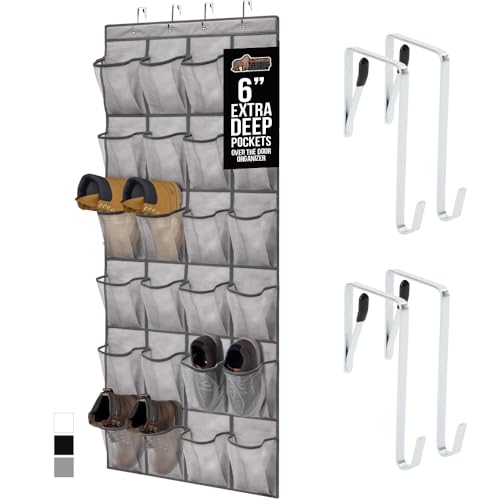 Over the Door Shoe Organizer (Grey / 24 Extra Large Pockets/4 Hooks)